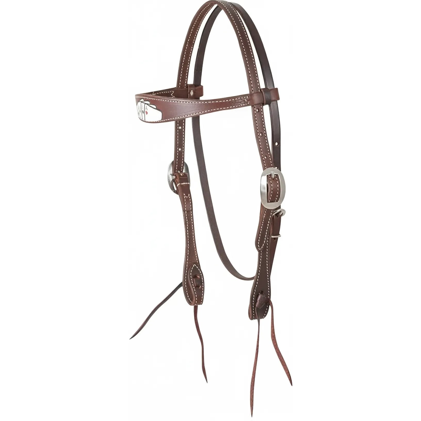 Martin Saddlery Card Suit Browband Headstall in rich chocolate leather featuring a unique playing card motif on the browband. This premium Western horse headstall is detailed with crisp white contrast stitching, polished stainless steel buckles, and traditional leather tie-end bit attachments. A stylish and durable piece of horse tack perfect for barrel racing, ranch work, or western pleasure riding.