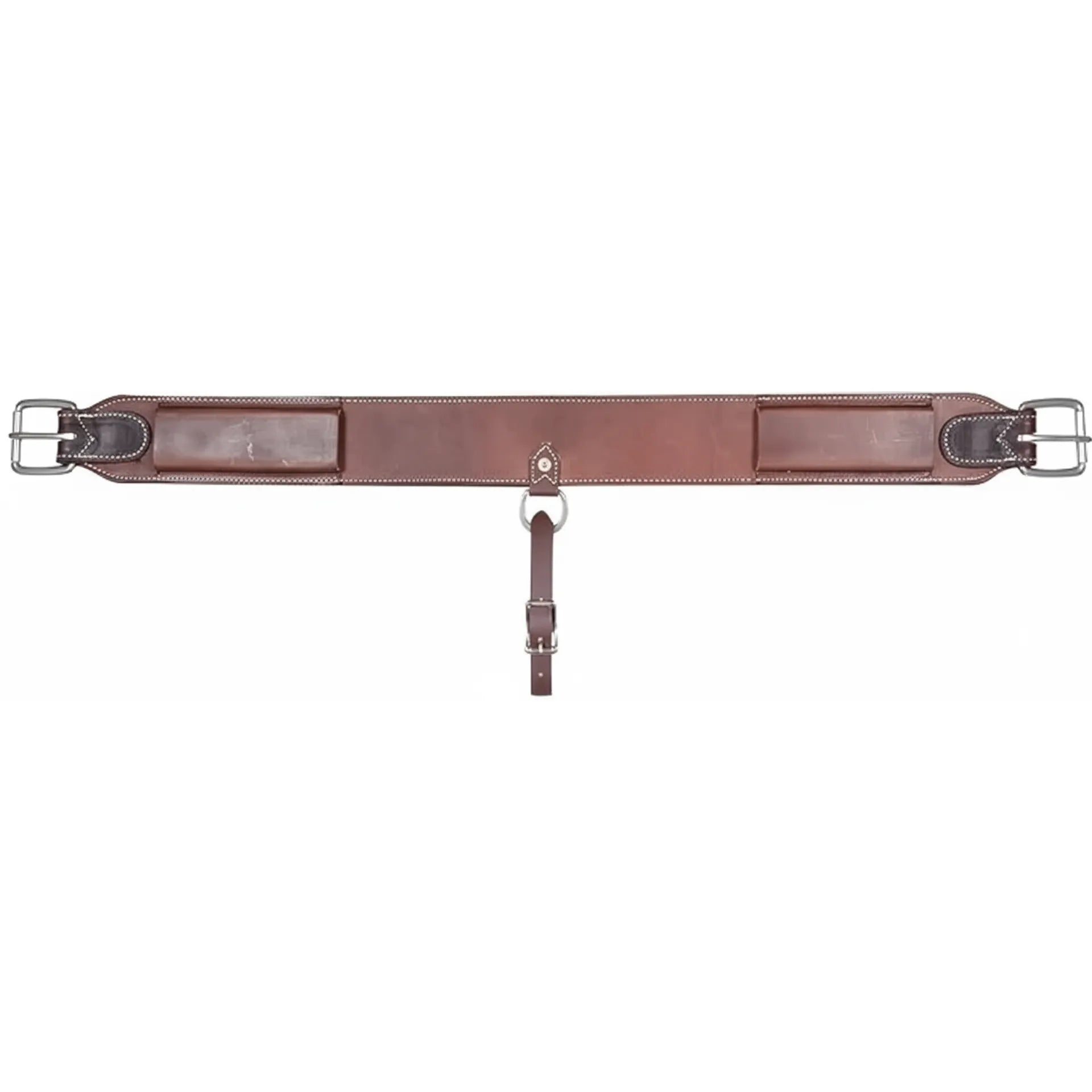 Martin Saddlery FC212 Contoured Biothane Flank Cinch featuring a rich brown Latigo liner and durable stainless steel roller buckles. This 2 1/2" x 35" western back cinch includes white accent stitching and a center D-ring with an adjustable connector strap. Designed for comfort and security, this high-quality horse tack is perfect for ranch work, roping, and performance western riding.