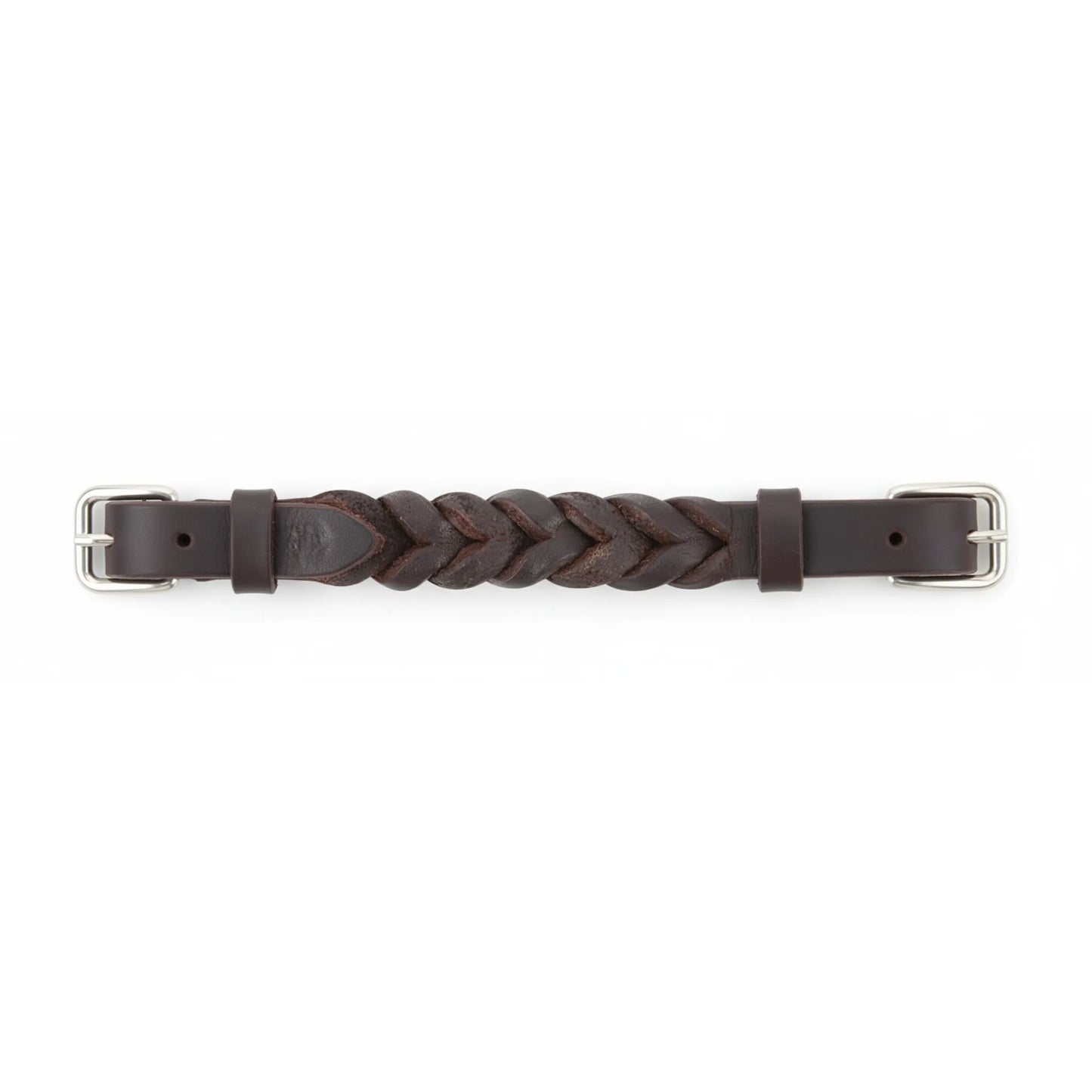 Martin Saddlery Curb Strap crafted from premium dark brown latigo leather featuring intricate blood knots. This Western horse tack accessory includes durable stainless steel buckles on both ends for a secure fit. High-quality leather chin strap designed for horse bridles, combining traditional style with long-lasting performance.