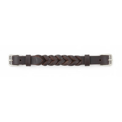 Martin Saddlery Curb Strap crafted from premium dark brown latigo leather featuring intricate blood knots. This Western horse tack accessory includes durable stainless steel buckles on both ends for a secure fit. High-quality leather chin strap designed for horse bridles, combining traditional style with long-lasting performance.