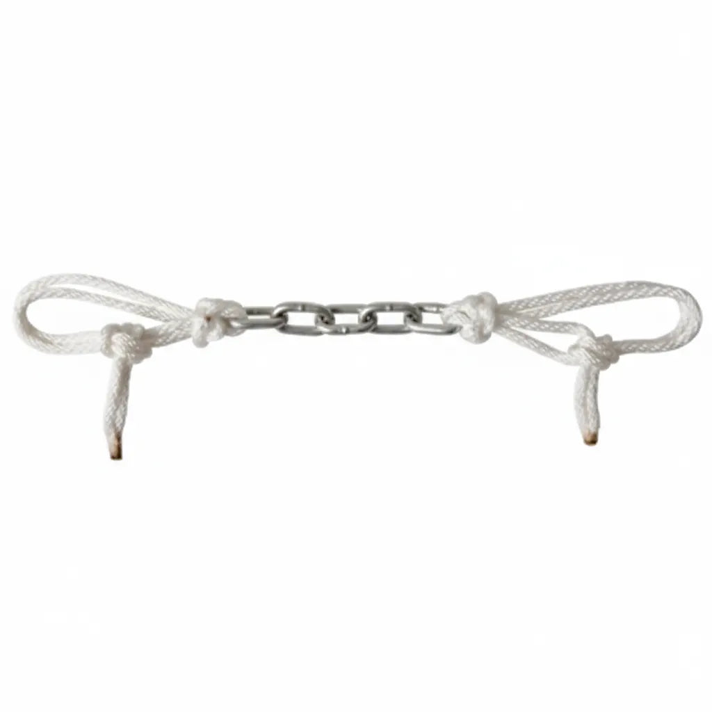 Martin Saddlery Dog Chain Curb Strap with a 5-link durable stainless steel chain and adjustable white nylon string ties. This essential piece of western horse tack features secure knotted loops for easy bit attachment and a custom fit. Perfect for western performance, training, and everyday riding, the silver chain and white string design provide functionality and style for any horse bridle setup.