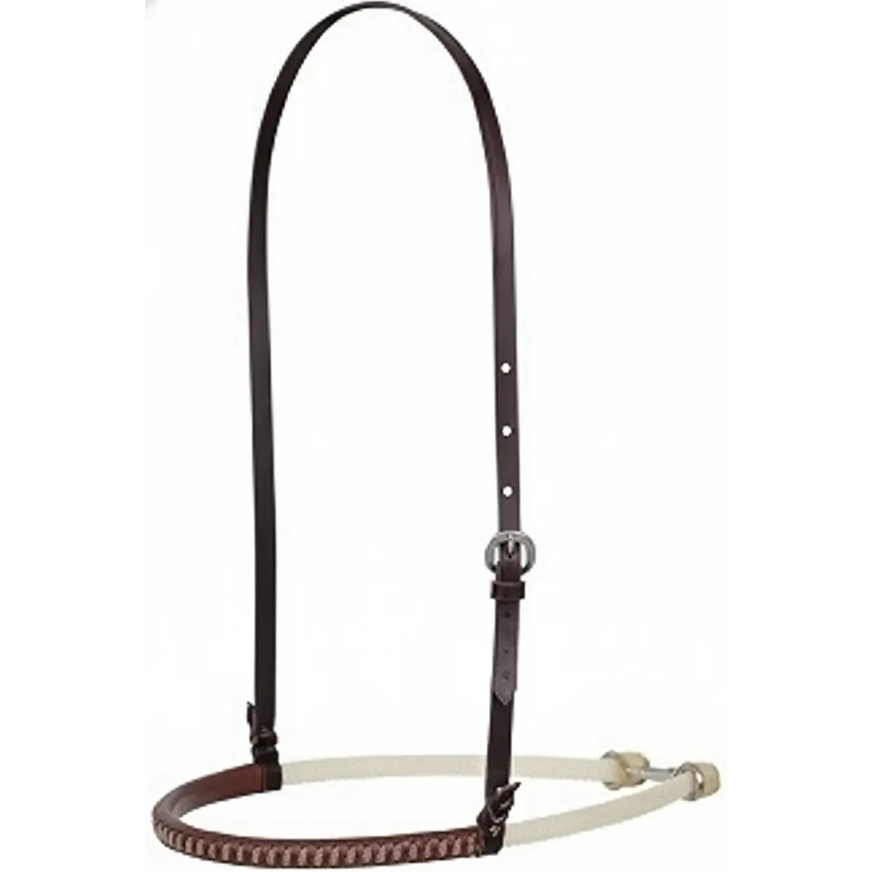 Martin Saddlery Double Rope Leather Noseband featuring a durable dark brown leather headstall strap with an adjustable silver buckle. The nosepiece consists of a sturdy double white rope with a classic brown braided leather wrap over the bridge. This high-grade western horse tack is designed for training and control, blending functionality with a professional aesthetic for equestrians.