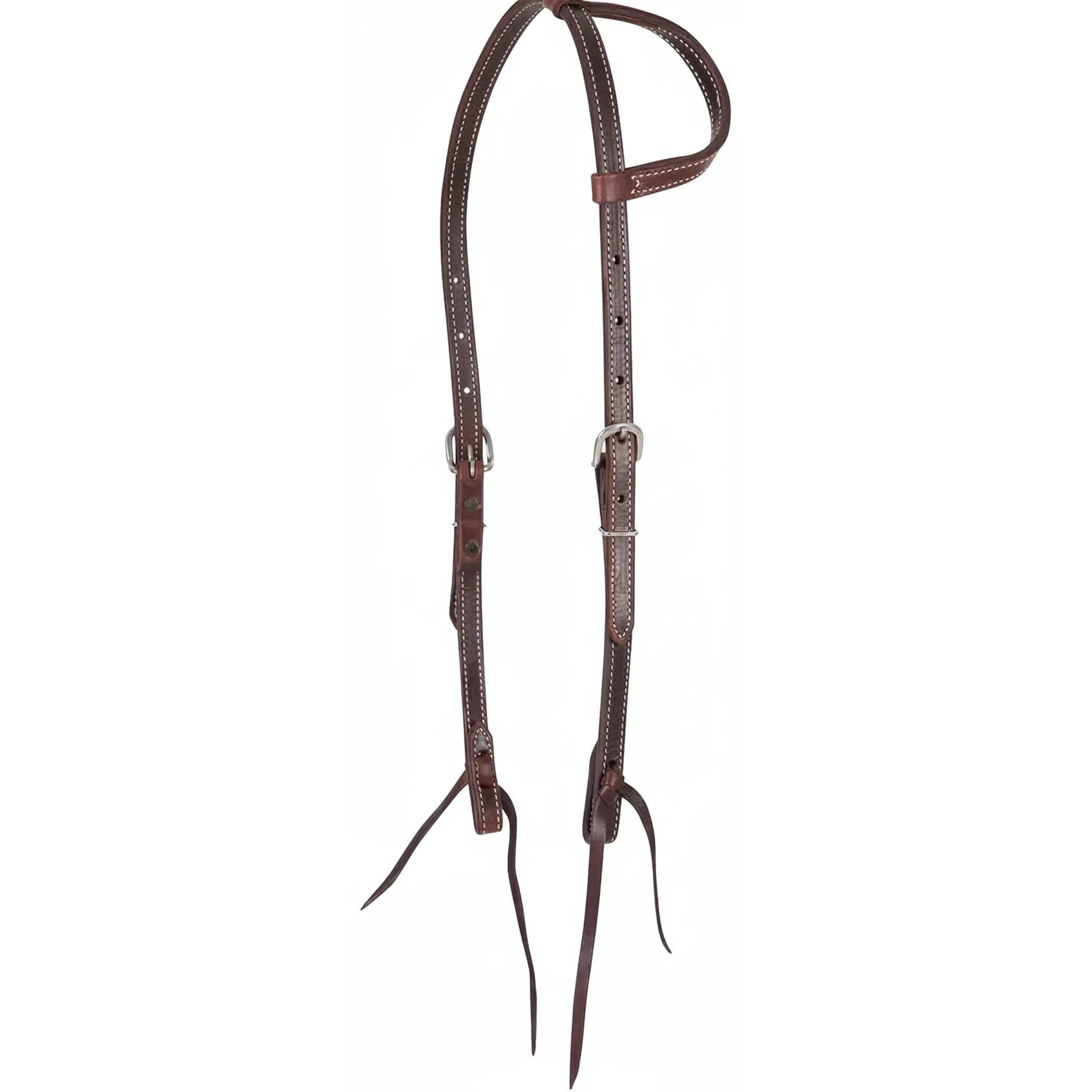 Martin Saddlery Doubled & Stitched Latigo Slip Ear Headstall crafted from rich, dark mahogany leather. This premium Western horse tack features classic white contrast stitching, adjustable stainless steel buckles, and secure tie-end bit attachments. A durable and professional choice for performance horses, training, and trail riding.