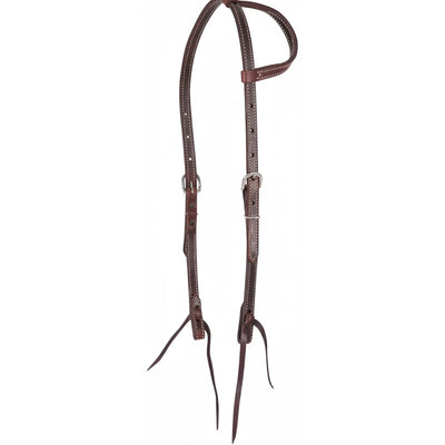 Martin Saddlery Doubled & Stitched Latigo Slip Ear Headstall crafted from rich, dark mahogany leather. This premium Western horse tack features classic white contrast stitching, adjustable stainless steel buckles, and secure tie-end bit attachments. A durable and professional choice for performance horses, training, and trail riding.