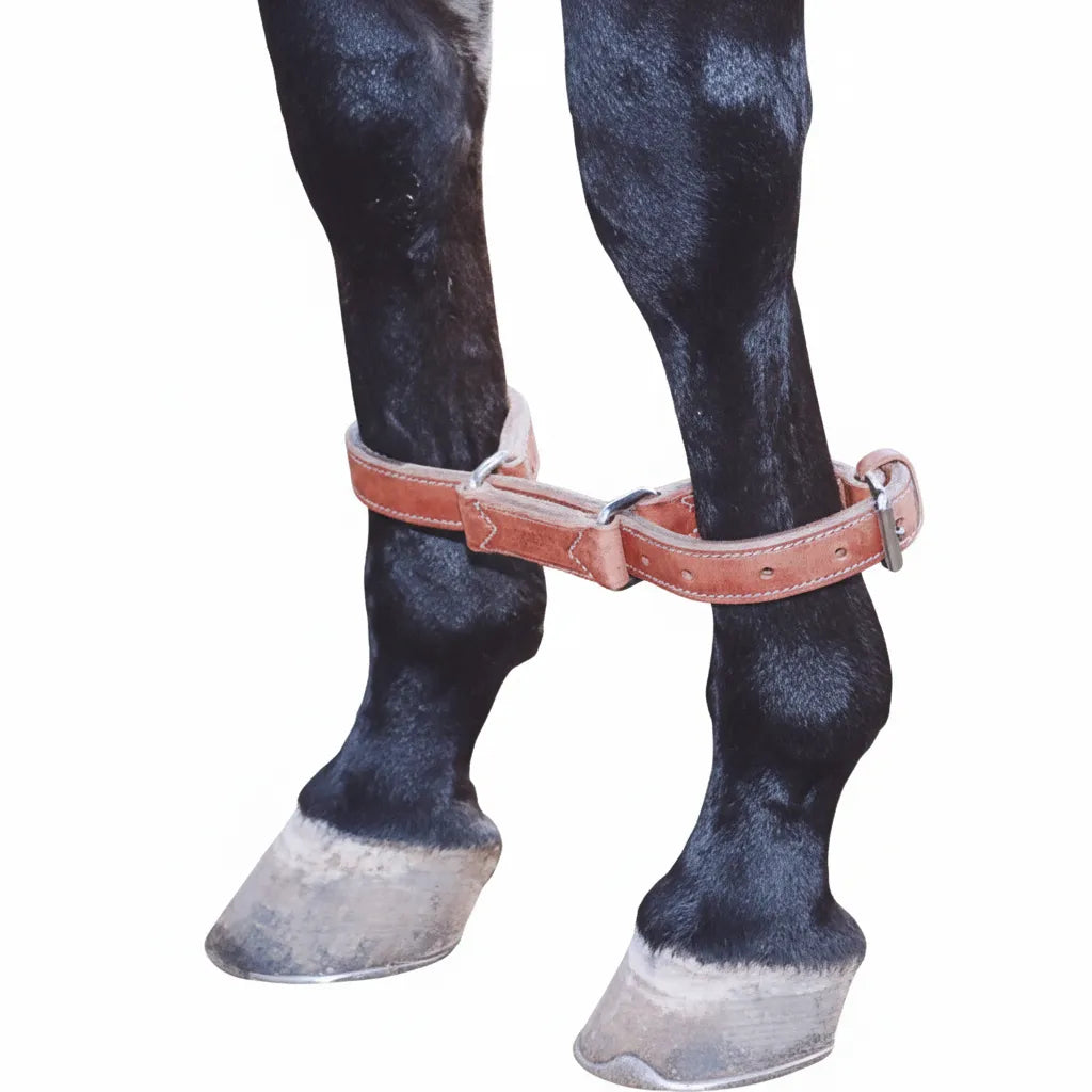 Martin Saddlery Harness Leather Hobbles in a durable tan finish, secured on the front legs of a dark horse. These professional-grade horse training hobbles feature heavy-duty stainless steel hardware, a reinforced bridge, and adjustable buckle closures. Perfect equestrian gear for ground training, stationary restraint, and improving horse manners. Reliable and built for long-term use in professional training environments.