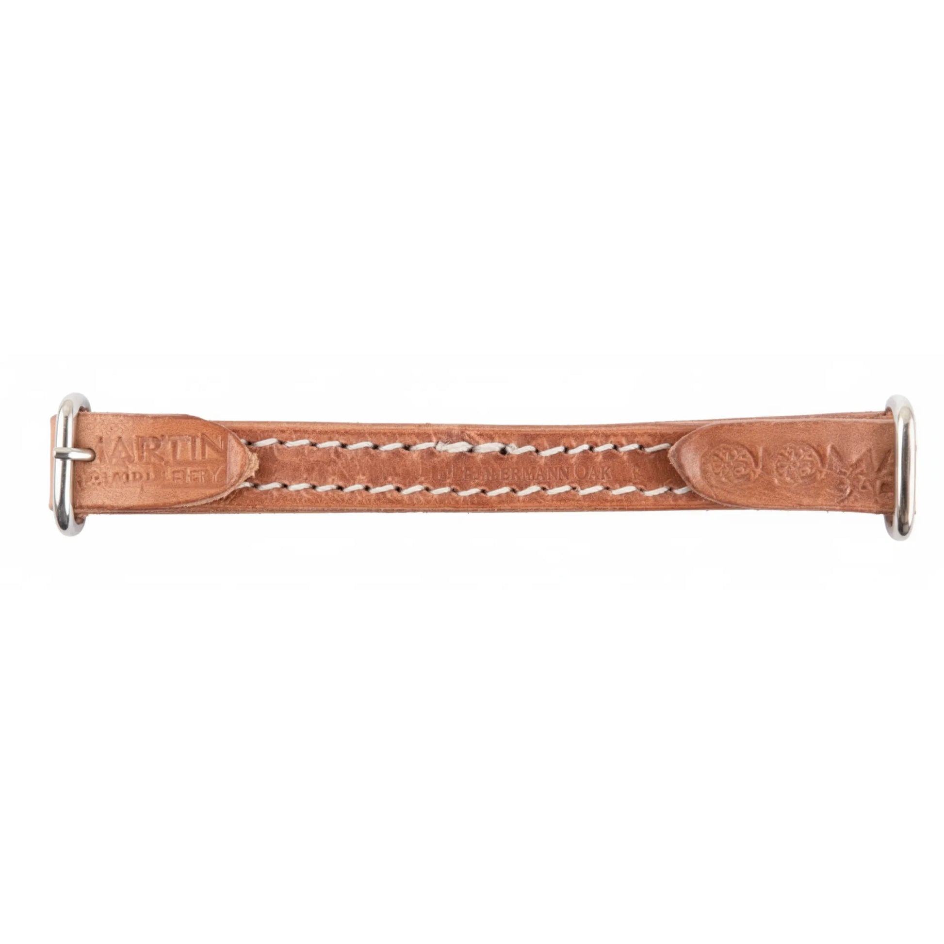 Martin Saddlery Hermann Oak Harness Leather Curb Strap featuring durable stainless steel buckles and classic white contrast stitching. This 10 1/2" x 1/2" western horse tack accessory is crafted from premium light brown harness leather for long-lasting performance. Showcasing expert craftsmanship with stamped branding, this essential equestrian gear is perfect for western riding disciplines and everyday durability.