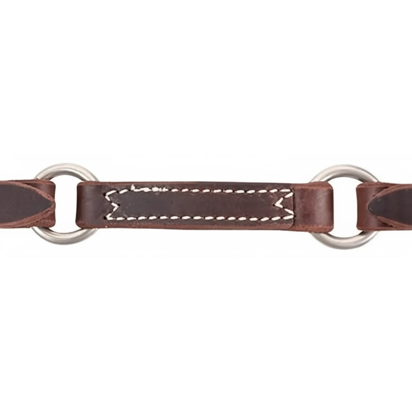 Martin Saddlery Jim Edwards Leather Curb Strap in dark brown with two silver-toned rings and decorative white contrast stitching. This durable Western horse tack accessory is designed for precision and style, featuring high-quality leather and professional craftsmanship. Ideal for riders seeking reliable bridle hardware with a classic Western aesthetic.