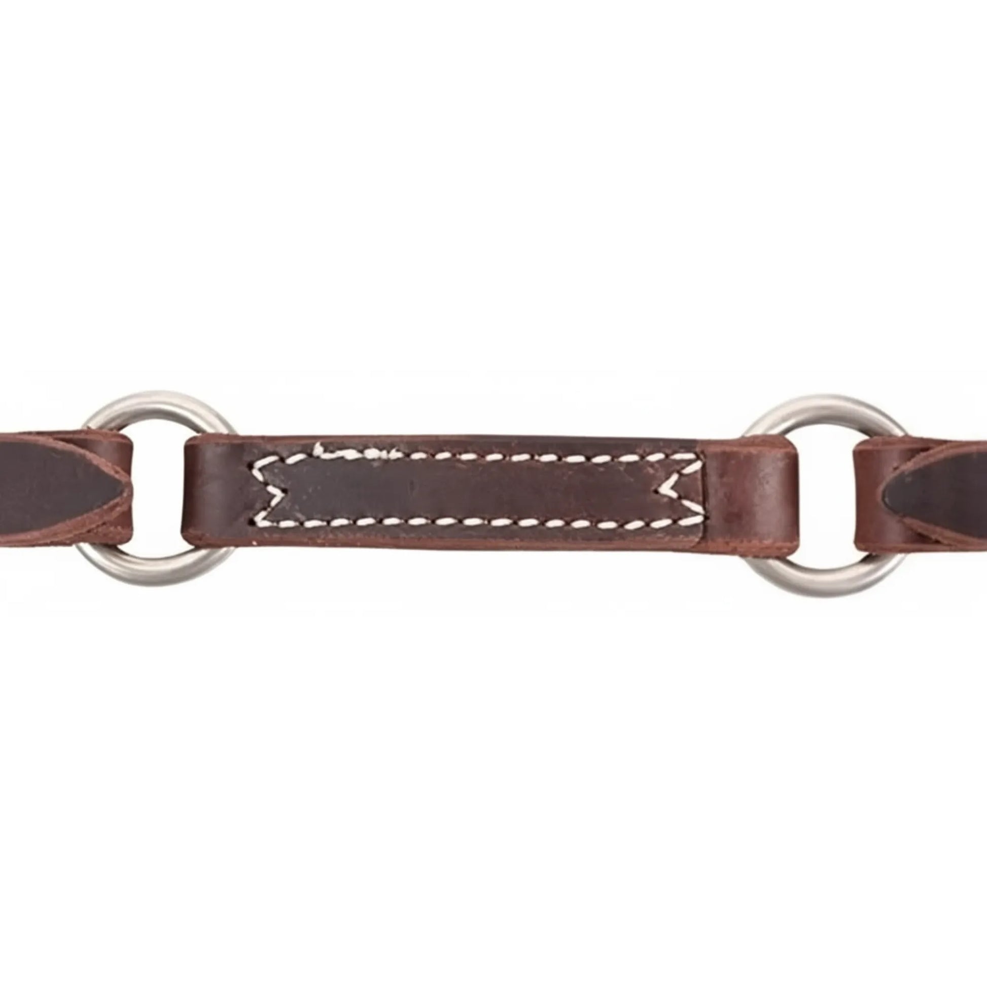 Martin Saddlery Jim Edwards Leather Curb Strap in dark brown with two silver-toned rings and decorative white contrast stitching. This durable Western horse tack accessory is designed for precision and style, featuring high-quality leather and professional craftsmanship. Ideal for riders seeking reliable bridle hardware with a classic Western aesthetic.
