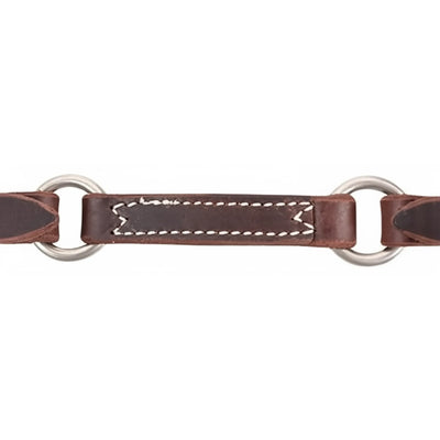 Martin Saddlery Jim Edwards Leather Curb Strap in dark brown with two silver-toned rings and decorative white contrast stitching. This durable Western horse tack accessory is designed for precision and style, featuring high-quality leather and professional craftsmanship. Ideal for riders seeking reliable bridle hardware with a classic Western aesthetic.
