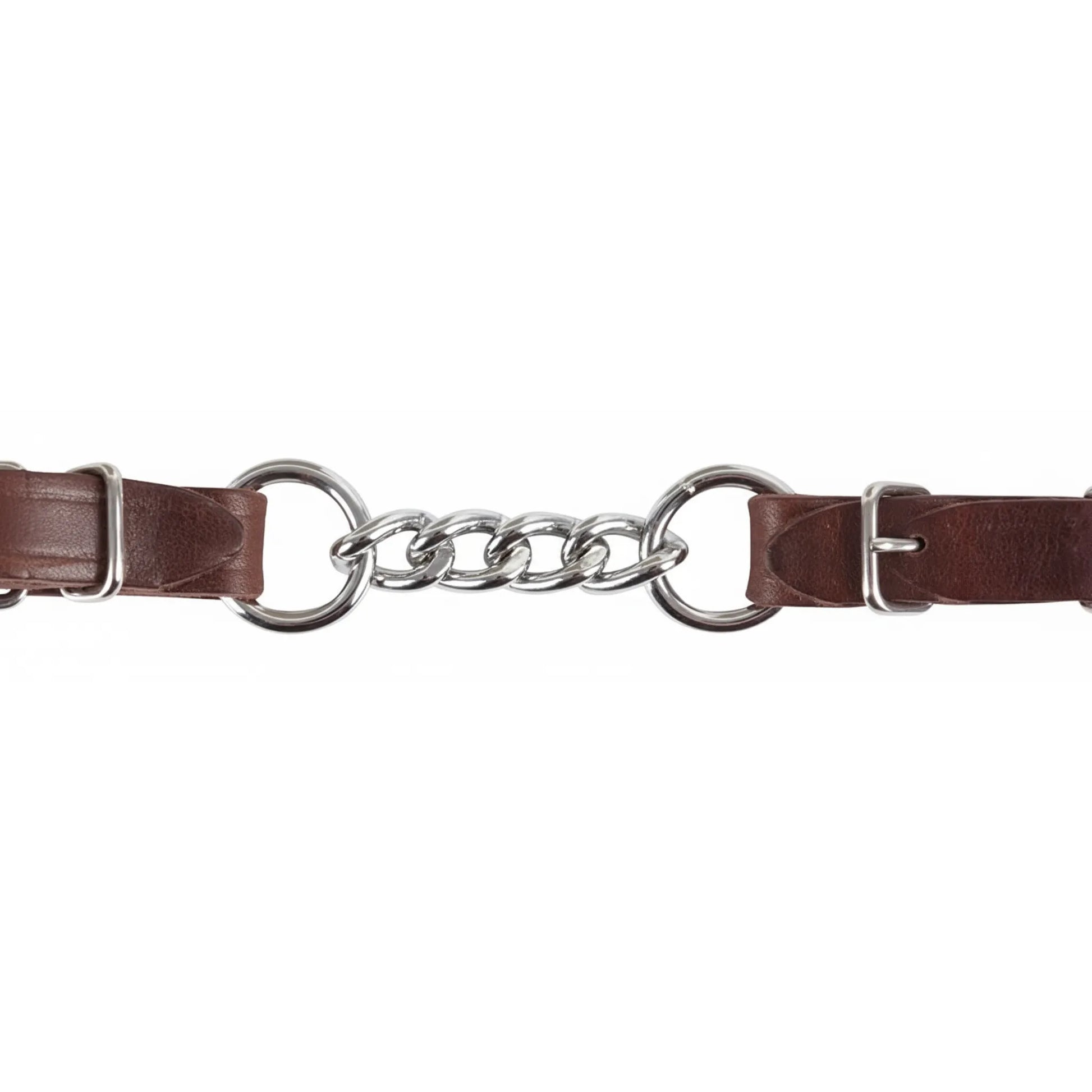 Martin Saddlery Latigo Leather Curb Strap featuring a durable 3-link stainless steel chain center. This premium western horse tack includes high-quality dark brown leather straps with adjustable silver-toned buckles and large rings for a secure fit. Designed for durability and precise control, it is an essential piece of professional-grade horse training equipment for western riders seeking reliable, long-lasting gear.
