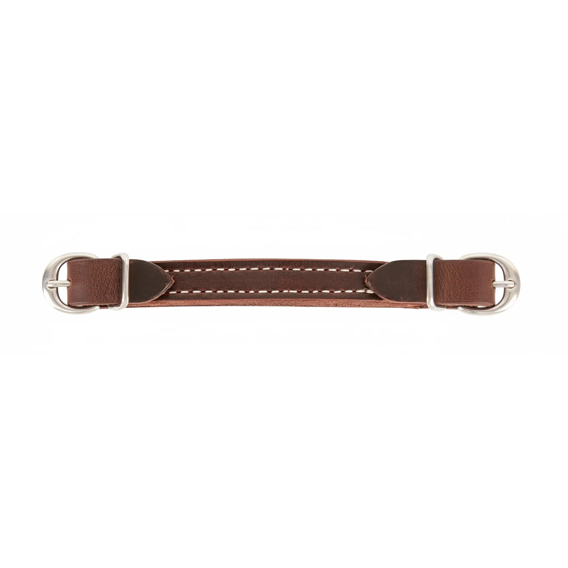 Martin Saddlery Latigo Leather Curb Strap in a rich dark brown finish with elegant white contrast stitching. This high-quality adjustable horse tack features durable stainless steel buckles for a secure fit on any Western bridle. A premium equestrian accessory designed for bit stability and control, handcrafted for long-lasting performance in the arena or on the trail.