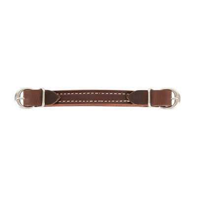 Martin Saddlery Latigo Leather Curb Strap in a rich dark brown finish with elegant white contrast stitching. This high-quality adjustable horse tack features durable stainless steel buckles for a secure fit on any Western bridle. A premium equestrian accessory designed for bit stability and control, handcrafted for long-lasting performance in the arena or on the trail.
