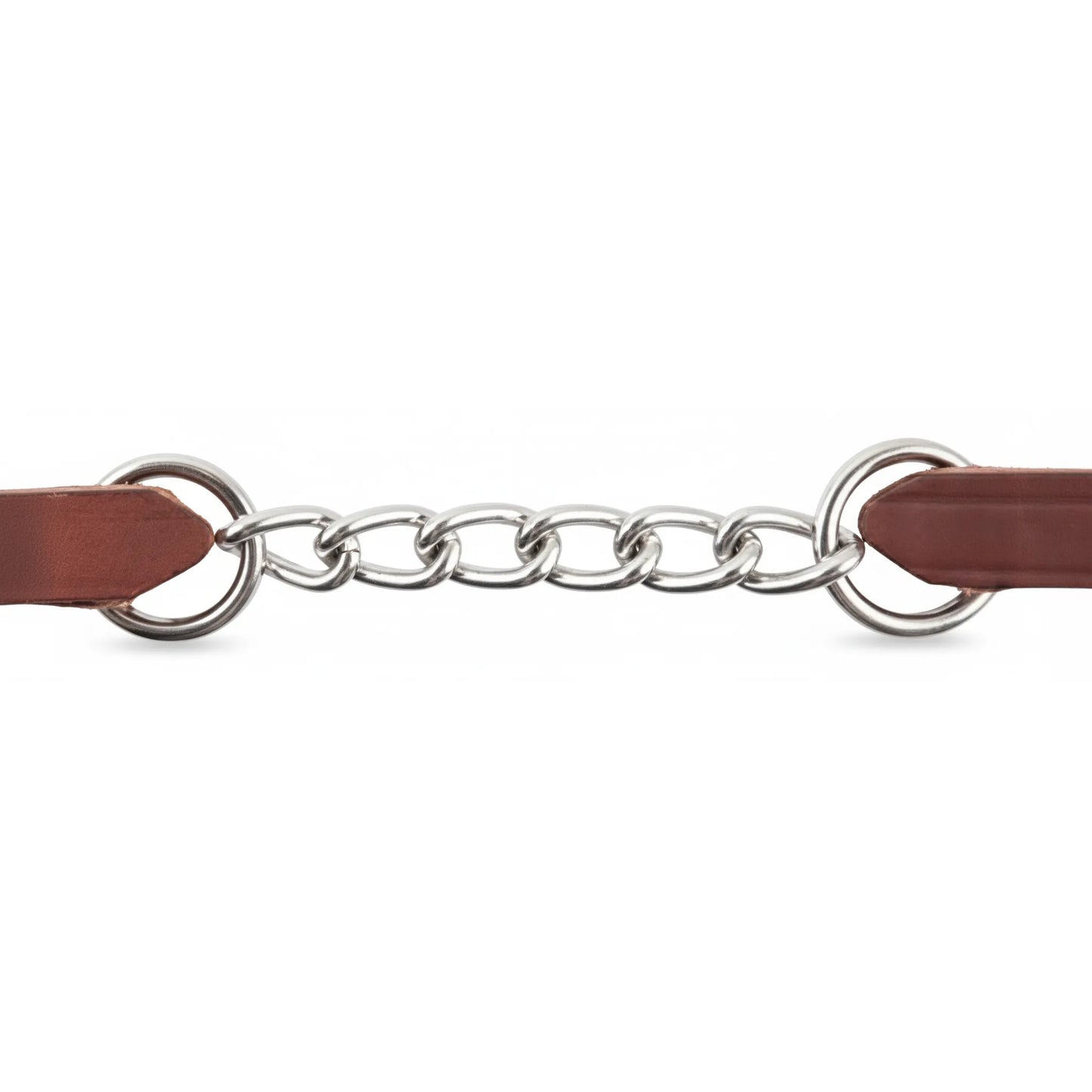 Martin Saddlery Latigo Leather Curb Strap featuring a durable 5-link stainless steel chain. This rust-resistant western tack accessory showcases high-quality brown leather ends secured to polished silver rings, offering a classic look and reliable function for your western horse bit. Perfect for riders looking for premium, long-lasting horse gear and professional-grade equine supplies.