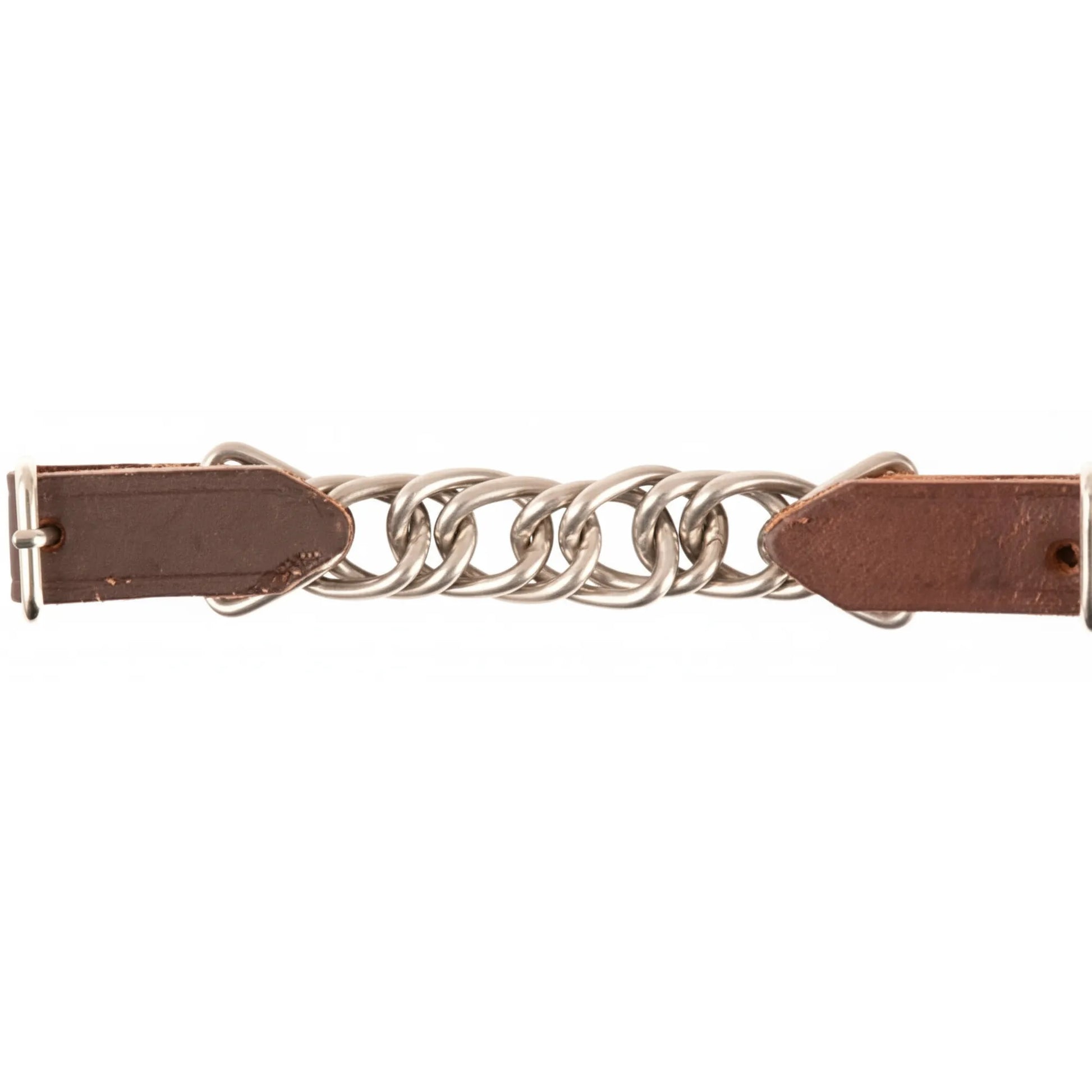 Martin Saddlery Latigo Leather Curb Strap featuring a durable stainless steel flat chain design. This high-quality western horse tack includes rich brown latigo leather ends with adjustable buckles for a precise fit. An essential piece of equestrian equipment for clear communication and style, showcasing premium craftsmanship and a classic western aesthetic.
