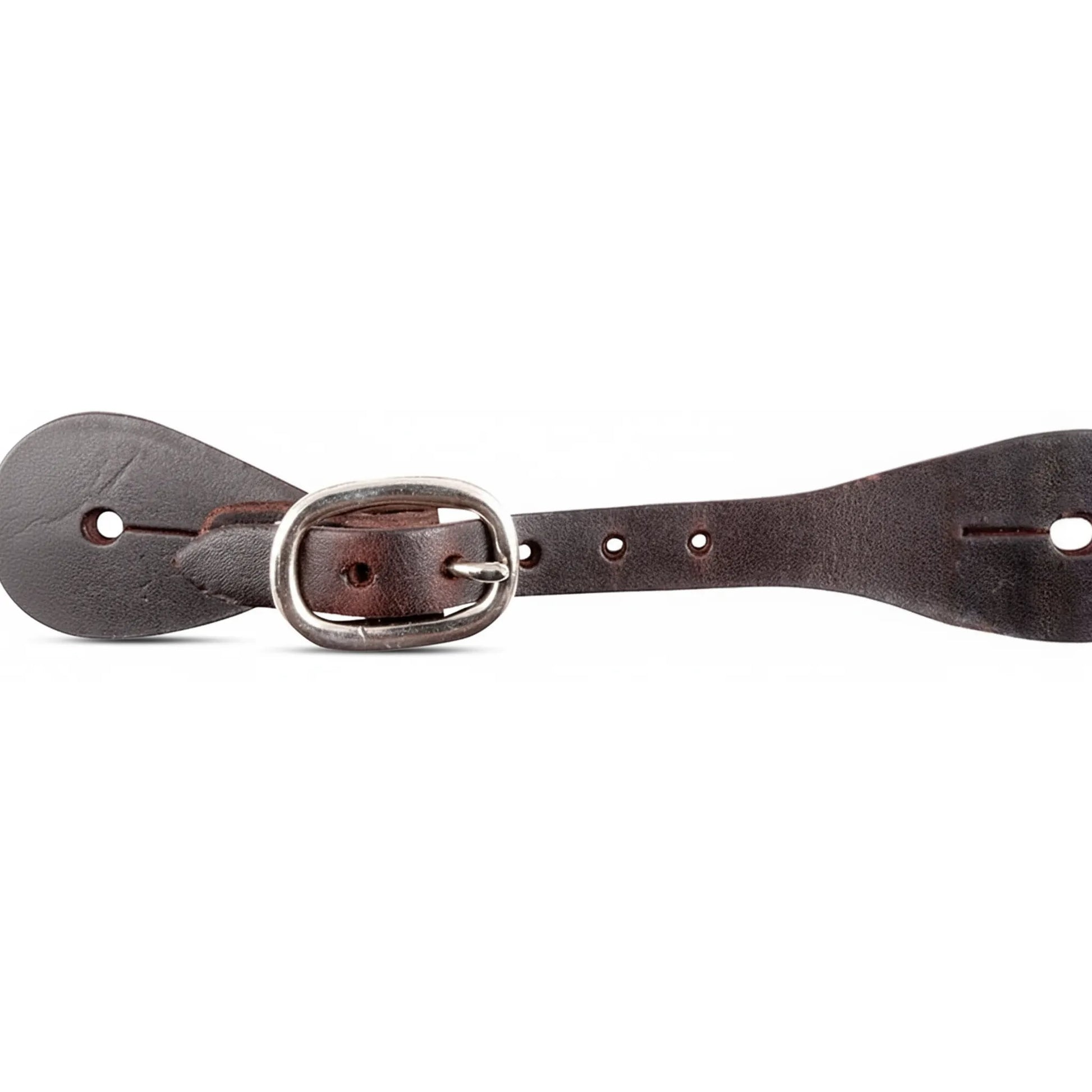 Martin Saddlery Latigo Leather Spur Straps featuring a rich dark brown finish and a durable nickel over brass buckle. These high-quality western spur straps are designed for style and longevity, with pre-punched adjustment holes and a classic contoured shape. Ideal for daily riding, competition, or ranch work, this pair of handcrafted leather straps provides a secure fit and timeless equestrian look.