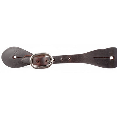 Martin Saddlery small brown latigo leather spur straps for western riding. This durable dark brown leather strap features a polished nickel over brass oval buckle and traditional teardrop shaped ends with pre-punched holes for easy attachment to spurs. High-quality equestrian accessory perfect for training, ranch work, or western horse shows.