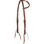 Martin Saddlery Latigo Single Ear Headstall crafted from premium Hermann Oak Leather. This rich chocolate brown Western headstall features a braided single ear loop, white contrast stitching, and stainless steel buckles. The classic latigo tie-on bit ends offer a traditional look and secure fit. High-quality performance horse tack for Western riding, ranching, and training.