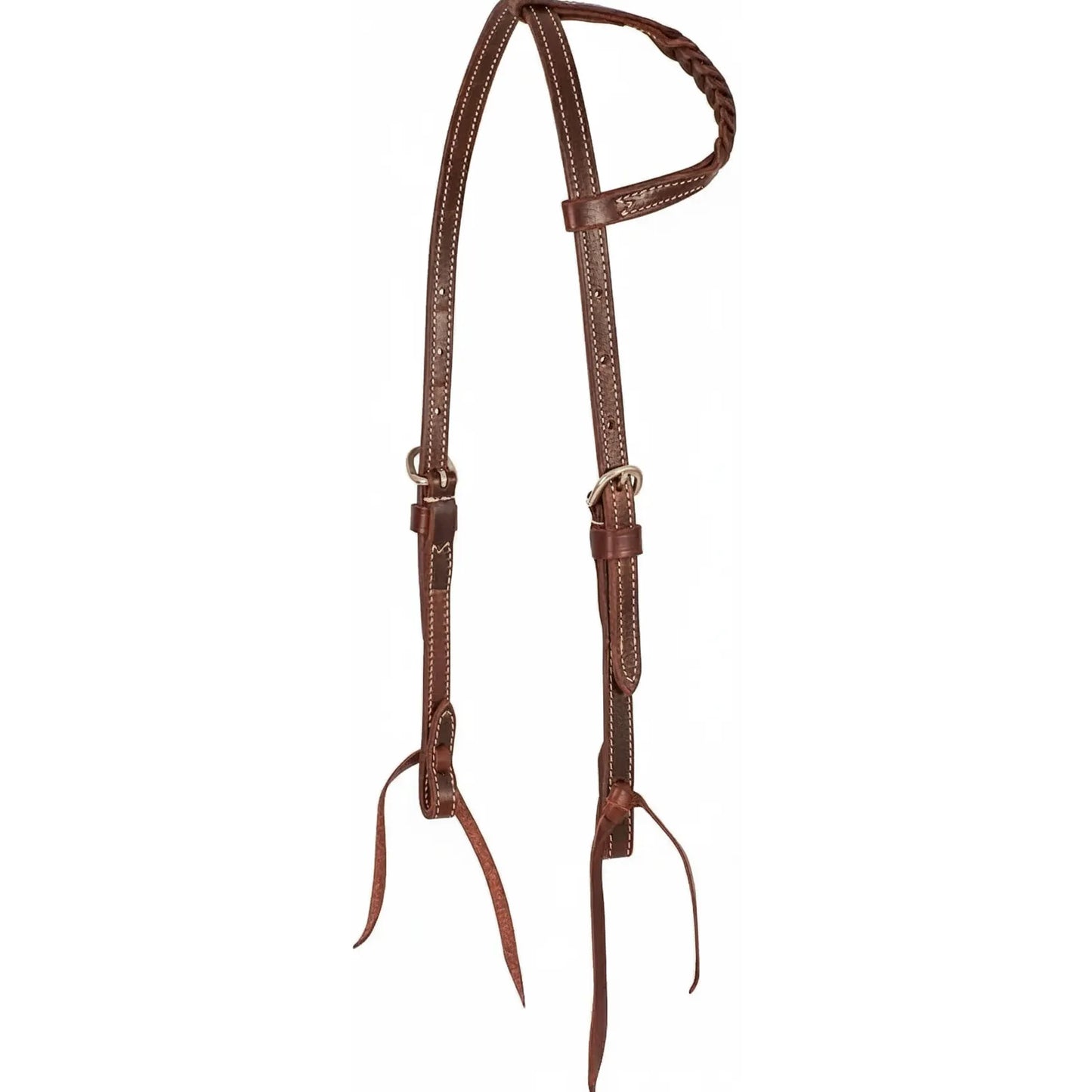 Martin Saddlery Latigo Single Ear Headstall crafted from premium Hermann Oak Leather. This rich chocolate brown Western headstall features a braided single ear loop, white contrast stitching, and stainless steel buckles. The classic latigo tie-on bit ends offer a traditional look and secure fit. High-quality performance horse tack for Western riding, ranching, and training.