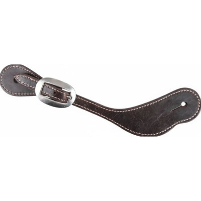 Martin Saddlery Latigo Stitched Cowboy Spur Straps in dark brown latigo leather. These western spur straps feature classic white contrast stitching and sleek stainless steel cart buckles. The ergonomic SSCLS design includes teardrop ends with button holes for a secure fit on cowboy boots. Perfect for equestrian performance or ranch work, these durable leather straps combine traditional western style with professional quality.