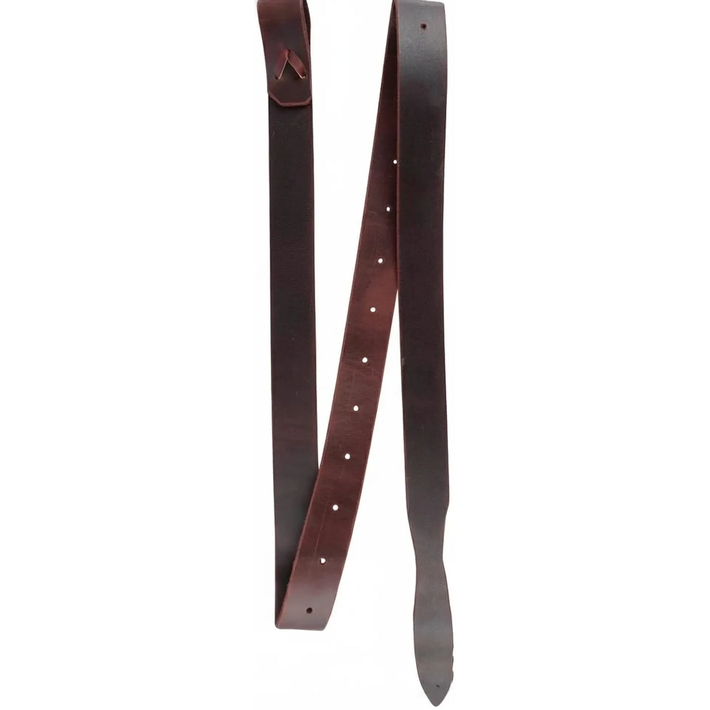 Durable Martin Saddlery 1-3/4" x 6'-6" leather latigo in a rich dark brown. This heavy-duty western saddle strap features a tapered end for smooth cinching through the cinch ring and pre-punched holes for easy adjustment. Perfect for trail riding, ranch work, or competition, this high-quality latigo ensures a secure and reliable connection for your horse tack.