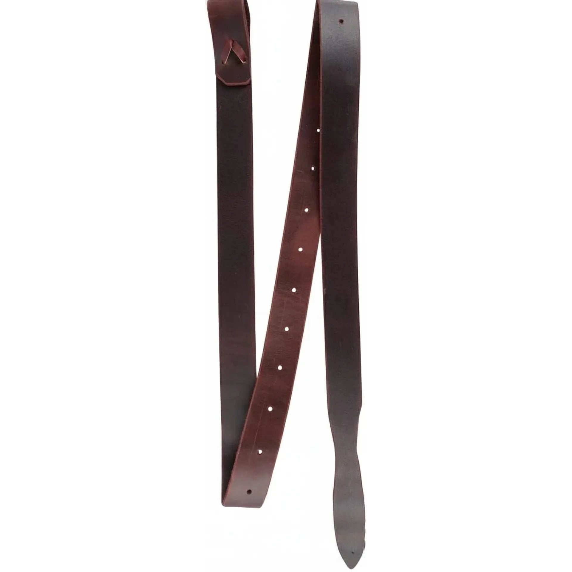 Durable Martin Saddlery 1-3/4" x 6'-6" leather latigo in a rich dark brown. This heavy-duty western saddle strap features a tapered end for smooth cinching through the cinch ring and pre-punched holes for easy adjustment. Perfect for trail riding, ranch work, or competition, this high-quality latigo ensures a secure and reliable connection for your horse tack.