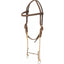 Martin Saddlery Loomis Twisted Wire Draw Gag Headstall in rich brown leather with white stitching and silver buckles. This high-performance western horse tack features tan nylon draw cords and a stainless steel twisted wire mouthpiece, designed for enhanced control and training. Ideal for barrel racing and performance horses, this durable headstall offers precision and professional quality for serious equestrians.