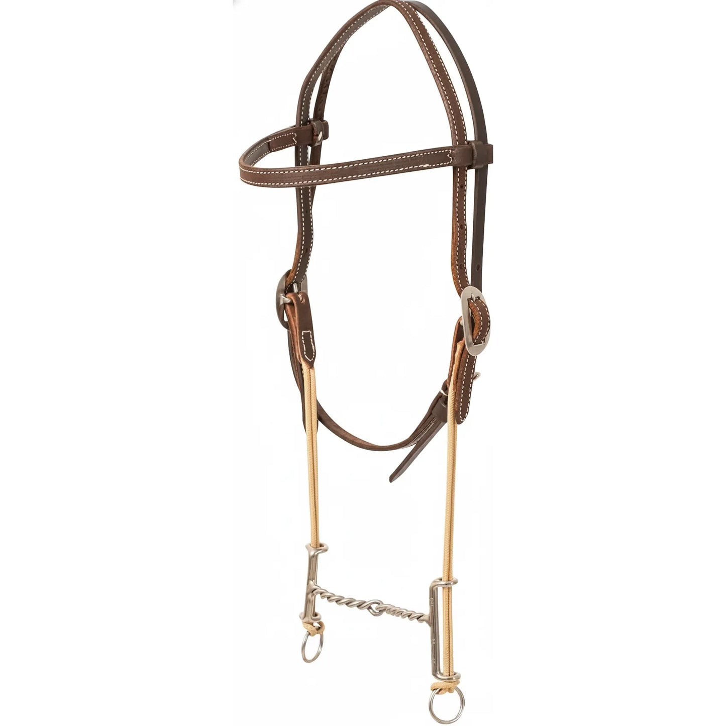 Martin Saddlery Loomis Twisted Wire Draw Gag Headstall in rich brown leather with white stitching and silver buckles. This high-performance western horse tack features tan nylon draw cords and a stainless steel twisted wire mouthpiece, designed for enhanced control and training. Ideal for barrel racing and performance horses, this durable headstall offers precision and professional quality for serious equestrians.