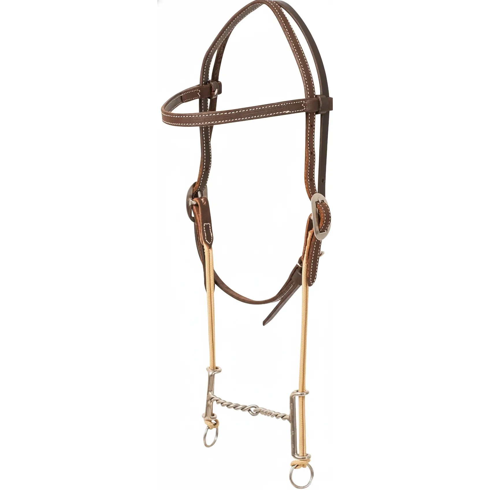 Martin Saddlery Loomis Twisted Wire Draw Gag Headstall in rich brown leather with white stitching and silver buckles. This high-performance western horse tack features tan nylon draw cords and a stainless steel twisted wire mouthpiece, designed for enhanced control and training. Ideal for barrel racing and performance horses, this durable headstall offers precision and professional quality for serious equestrians.