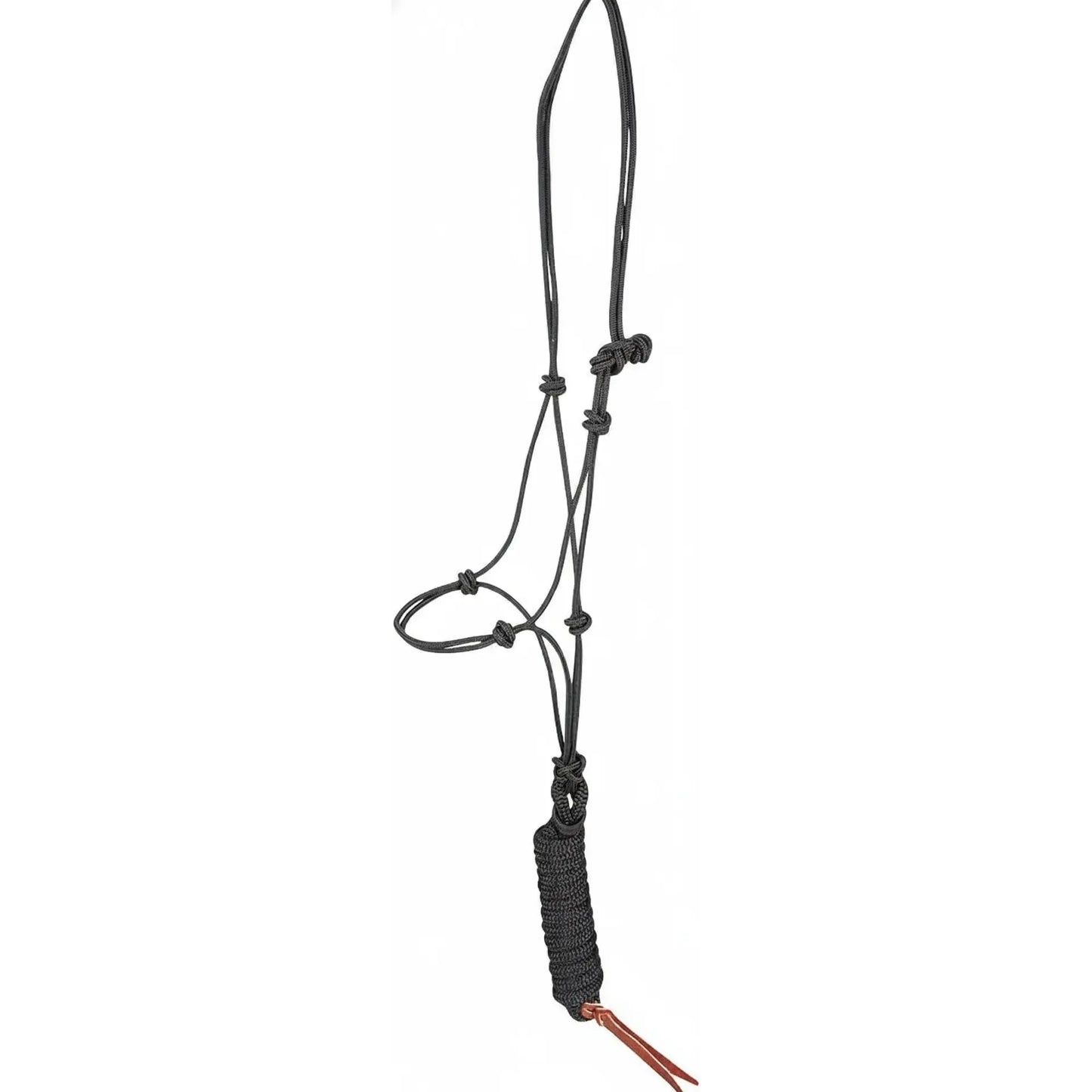 Martin Saddlery marine-grade rope halter and 9ft lead set in black. This durable horse training halter features expertly tied knots at key pressure points for clear communication and a matching black rope lead with a classic brown leather popper. Designed for equestrian performance and longevity, this sleek black tack set is a professional-grade choice for ground work and everyday horse handling.