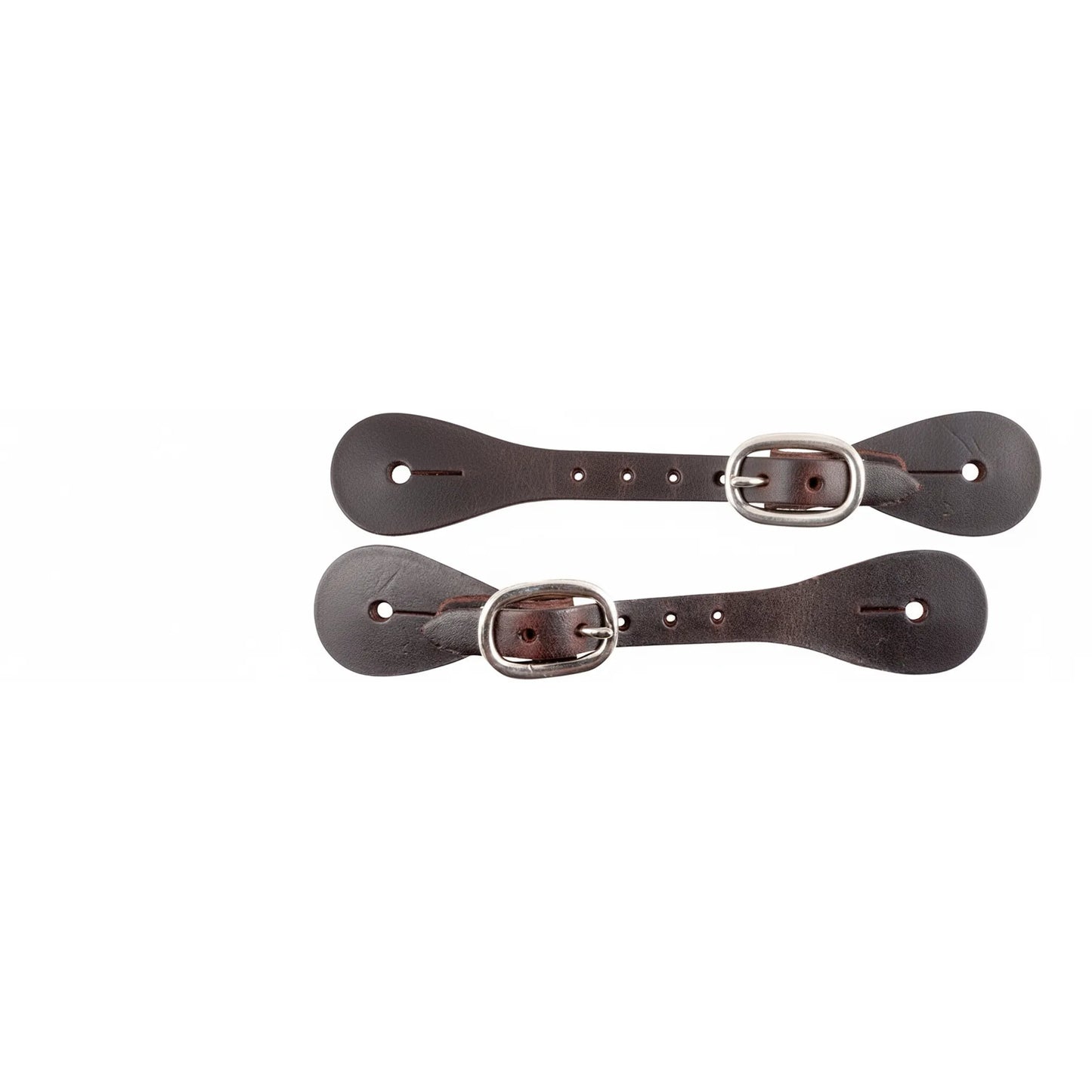 Martin Saddlery Medium Latigo Leather Spur Straps in rich brown, featuring durable nickel over brass buckles. This pair of high-quality western spur straps includes classic teardrop-shaped ends with pre-punched holes for easy attachment to spurs. Professional equestrian gear designed for long-lasting performance, style, and comfort in the arena or on the ranch. Essential horse tack for western riders.