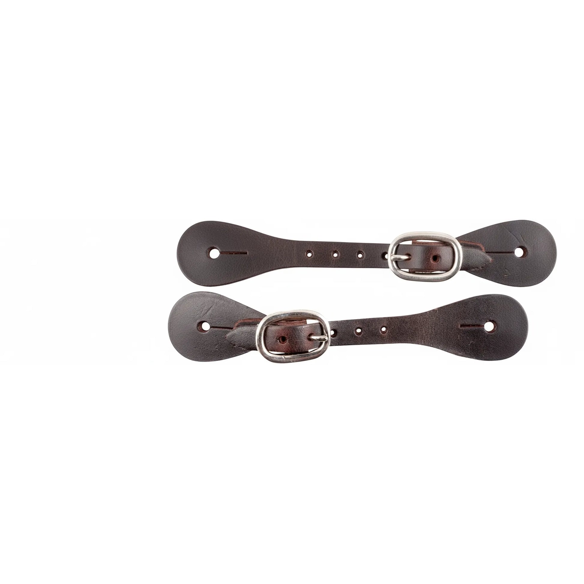 Martin Saddlery Medium Latigo Leather Spur Straps in rich brown, featuring durable nickel over brass buckles. This pair of high-quality western spur straps includes classic teardrop-shaped ends with pre-punched holes for easy attachment to spurs. Professional equestrian gear designed for long-lasting performance, style, and comfort in the arena or on the ranch. Essential horse tack for western riders.