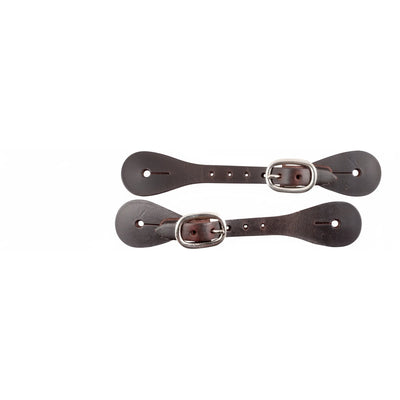 Martin Saddlery Medium Latigo Leather Spur Straps in rich brown, featuring durable nickel over brass buckles. This pair of high-quality western spur straps includes classic teardrop-shaped ends with pre-punched holes for easy attachment to spurs. Professional equestrian gear designed for long-lasting performance, style, and comfort in the arena or on the ranch. Essential horse tack for western riders.