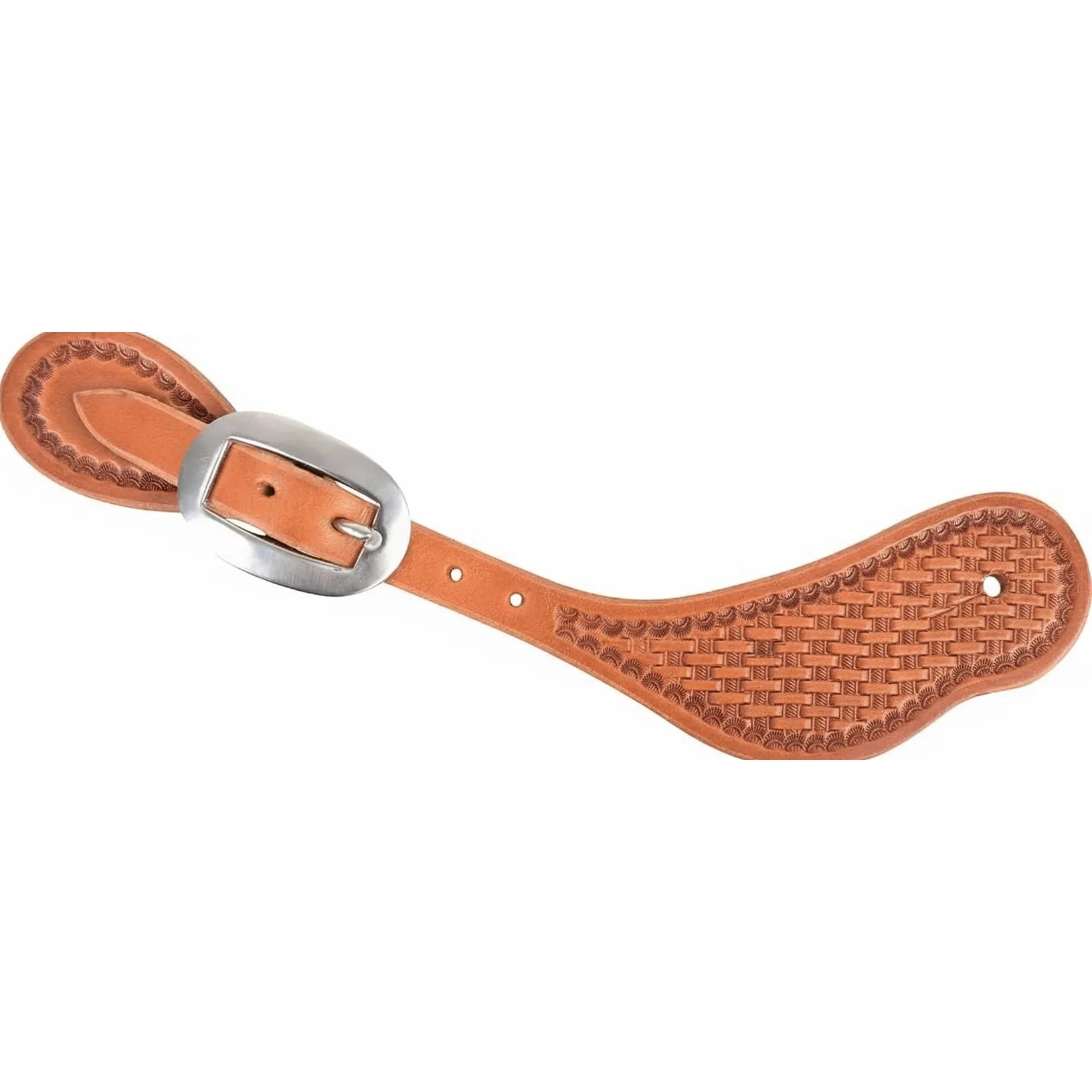 Martin Saddlery Men's Basket Stamped Leather Spur Straps crafted from premium light tan skirting leather. These western spur straps feature intricate hand-tooled basketweave stamping, decorative scalloped borders, and a sturdy stainless steel oval buckle. Designed for durability and classic cowboy style, they are essential equestrian gear for ranching or western horse show performance. Adjustable holes ensure a secure fit over any riding boot.