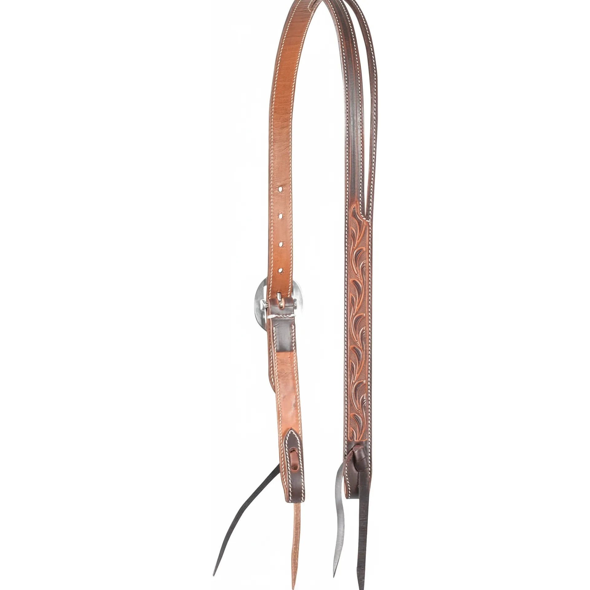 Martin Saddlery Ranahan Weathered Vine Tooled Split Ear Headstall featuring rich brown leather with intricate hand-carved vine patterns. This premium Western horse tack includes white contrast stitching, a polished silver-tone buckle for adjustment, and durable leather tie-on bit ends. Perfect for performance or everyday riding, showcasing high-quality equestrian craftsmanship and timeless rustic style.