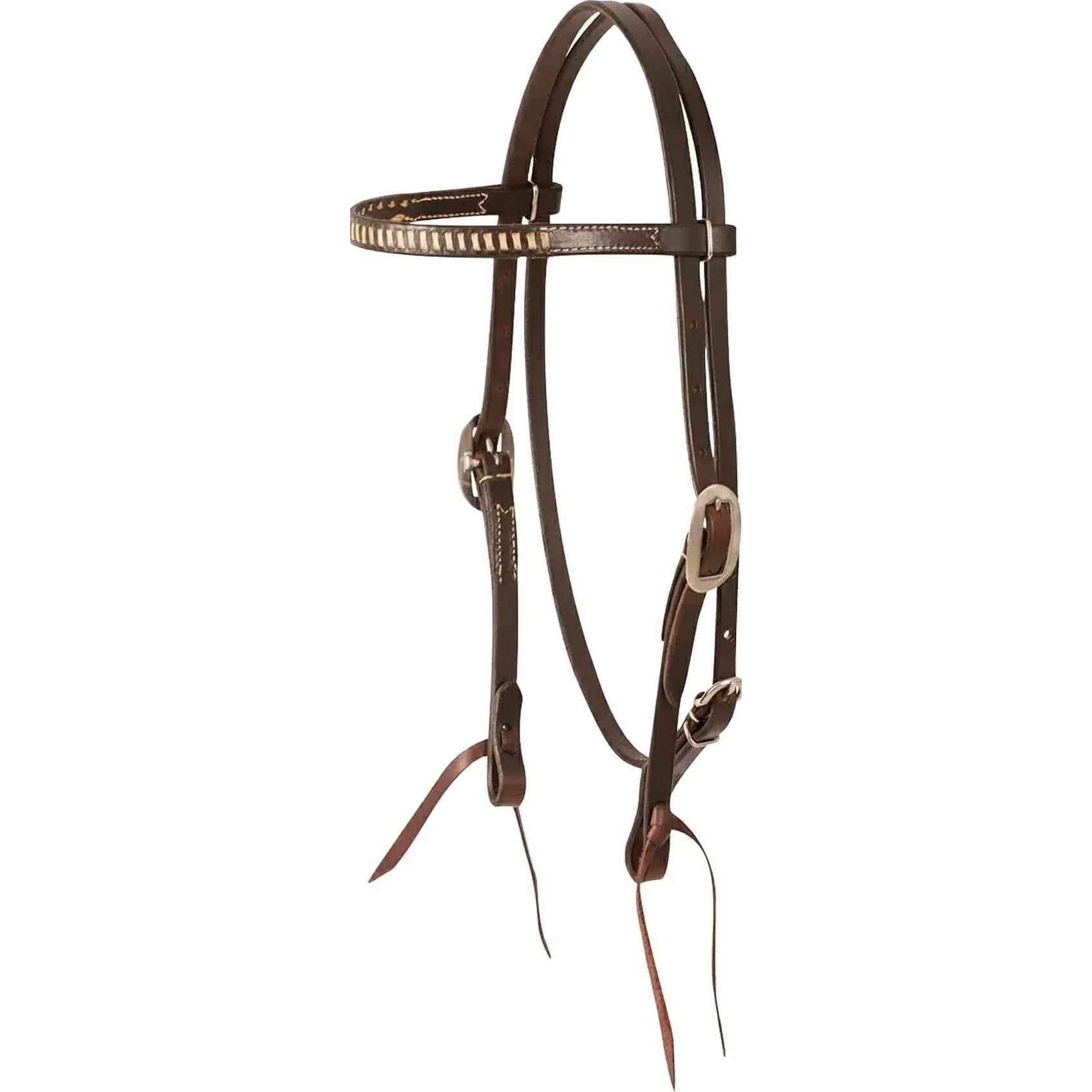 Martin Saddlery Rawhide Laced Browband Headstall crafted from premium dark brown Hermann Oak leather. Features elegant white rawhide lacing on the browband, white contrast stitching, and durable stainless steel buckles. This high-quality western horse tack is perfect for performance or trail riding, offering a classic look with superior durability.