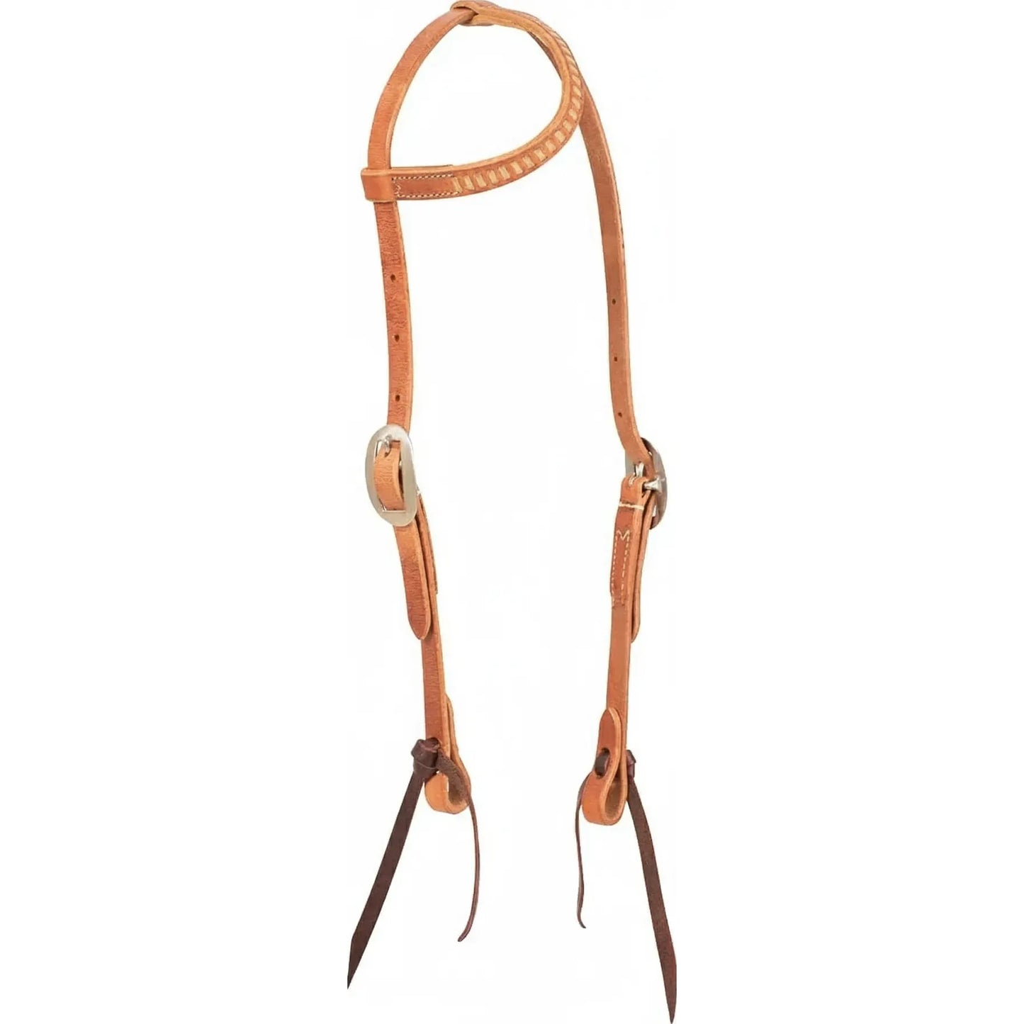 Martin Saddlery Rawhide Laced Single Ear Headstall in premium natural leather. This western horse headstall features beautiful rawhide lacing along the ear loop, adjustable silver-tone buckles for a perfect fit, and traditional leather tie-bit ends for secure bit attachment. High-quality western tack designed for durability and style in the show ring, on the ranch, or out on the trail.