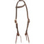 Martin Saddlery Rawhide Laced Single Ear Headstall crafted from premium chocolate harness leather. This Western horse bridle features an elegant rawhide-laced ear loop, adjustable silver buckles, and classic tie-style bit ends. A durable and stylish piece of horse tack, perfect for western performance, training, or trail riding. Its high-quality leather and professional craftsmanship offer both longevity and a traditional aesthetic for any horse.