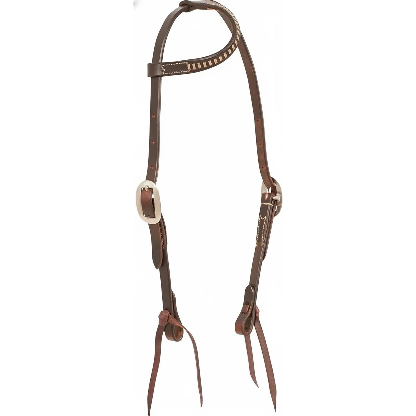 Martin Saddlery Rawhide Laced Single Ear Headstall crafted from premium chocolate harness leather. This Western horse bridle features an elegant rawhide-laced ear loop, adjustable silver buckles, and classic tie-style bit ends. A durable and stylish piece of horse tack, perfect for western performance, training, or trail riding. Its high-quality leather and professional craftsmanship offer both longevity and a traditional aesthetic for any horse.