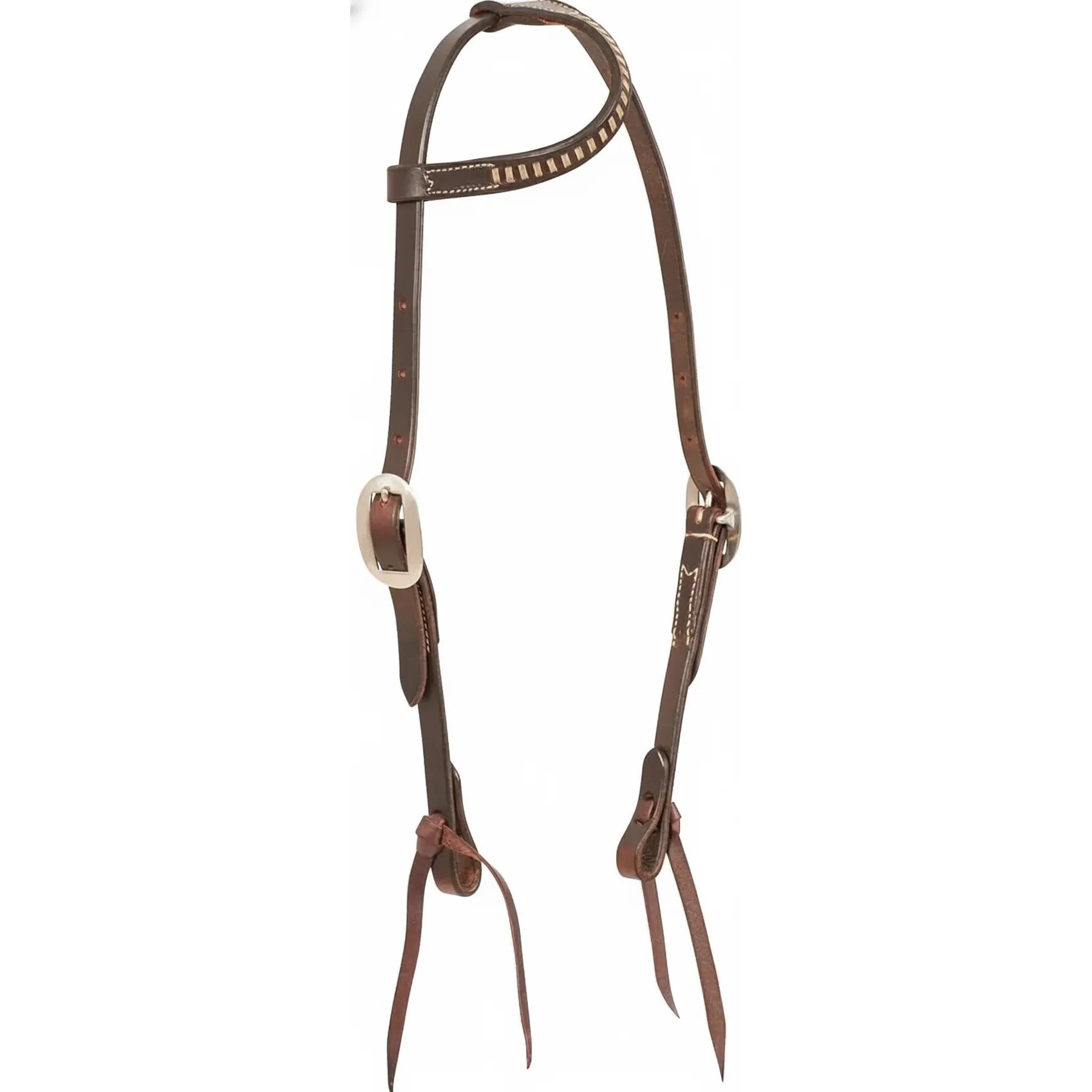 Martin Saddlery Rawhide Laced Single Ear Headstall crafted from premium chocolate harness leather. This Western horse bridle features an elegant rawhide-laced ear loop, adjustable silver buckles, and classic tie-style bit ends. A durable and stylish piece of horse tack, perfect for western performance, training, or trail riding. Its high-quality leather and professional craftsmanship offer both longevity and a traditional aesthetic for any horse.