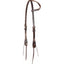 Martin Saddlery Rawhide Laced Single Ear Headstall crafted from premium dark chocolate Hermann Oak leather. This western horse headstall features elegant rawhide lacing on the ear piece and cheek ends. Complete with adjustable stainless steel buckles and traditional leather bit ties for a secure fit. A high-quality, durable piece of western horse tack perfect for ranch work, trail riding, or performance.