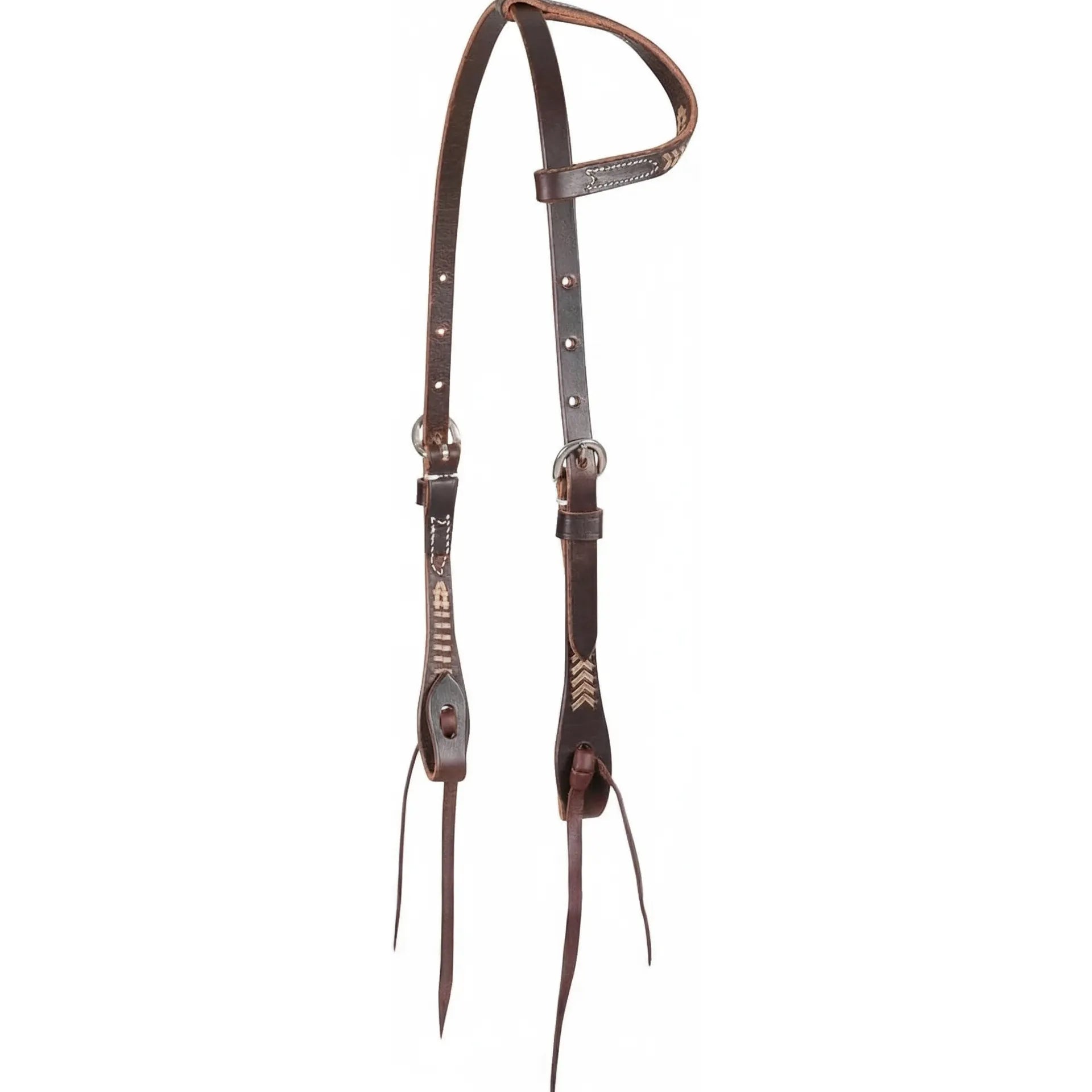 Martin Saddlery Rawhide Laced Single Ear Headstall crafted from premium dark chocolate Hermann Oak leather. This western horse headstall features elegant rawhide lacing on the ear piece and cheek ends. Complete with adjustable stainless steel buckles and traditional leather bit ties for a secure fit. A high-quality, durable piece of western horse tack perfect for ranch work, trail riding, or performance.