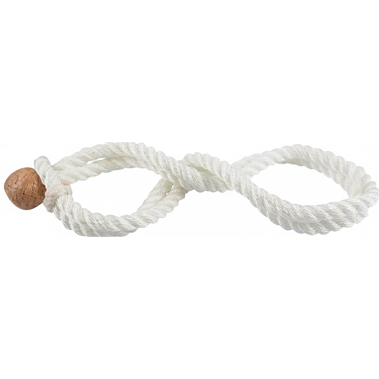 Martin Saddlery Rope Hobble featuring durable white twisted nylon rope and a hand-woven rawhide button closure. These high-quality horse hobbles are designed for secure horse training, grooming, and livestock management. A heavy-duty equestrian essential for western riders and professional horsemen, this figure-eight rope hobble offers strength and reliability for ranch work and equine restraint.
