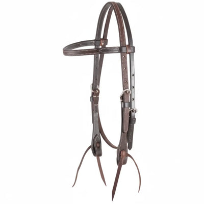 Martin Saddlery 5/8" Skirting Leather Browband Headstall in dark brown with a textured roughout browband. This Western horse headstall features stainless steel buckles and traditional leather tie-bit ends for a secure fit. A durable and high-quality piece of equestrian tack perfect for ranch work, trail riding, or training, offering a classic look and professional performance.