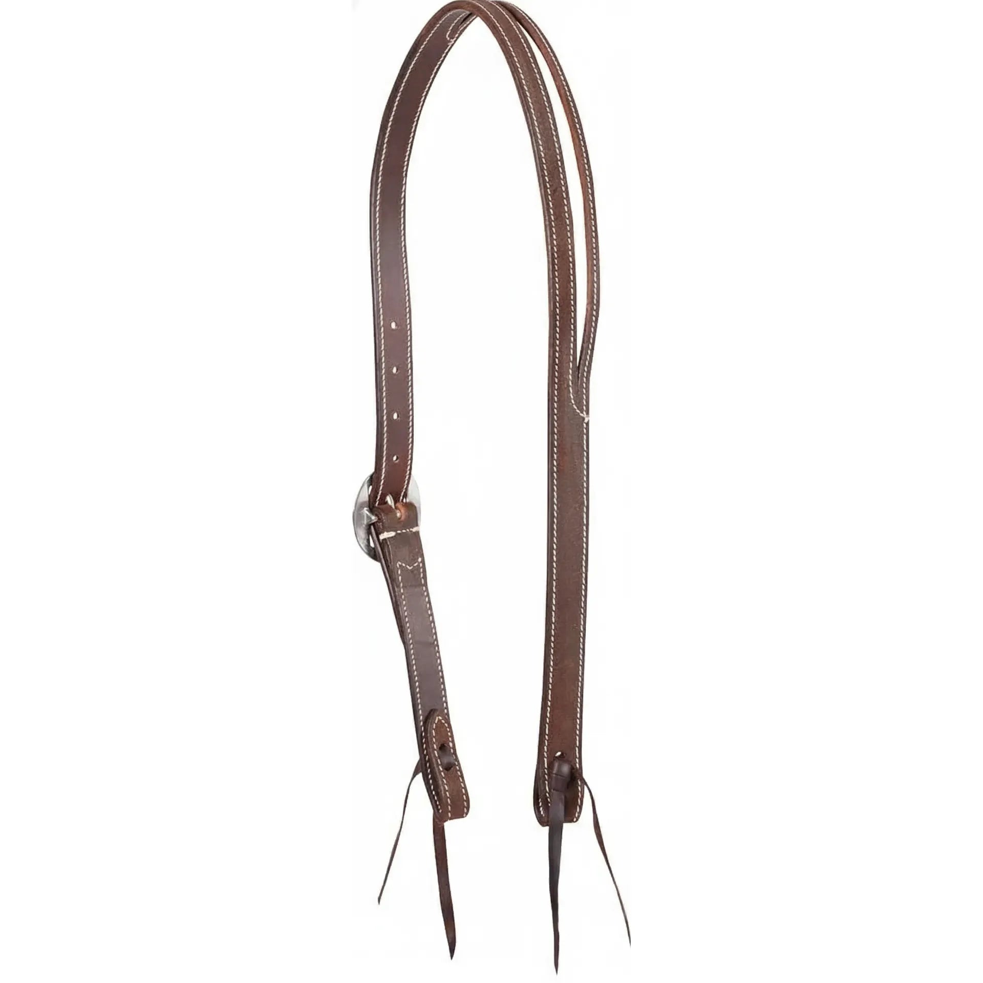 Martin Saddlery Roughout Ranahan Split Ear Headstall in Chocolate. This Western horse headstall is crafted from premium roughout leather with distinctive white contrast stitching. It features a secure split-ear design, adjustable silver-tone buckle for a custom fit, and traditional tie-bit ends. Ideal for ranch work or competitive riding, this high-quality equestrian tack combines rugged durability with classic Western style.