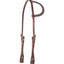 Martin Saddlery Slip Ear Headstall crafted from premium medium brown leather with elegant white decorative stitching on the ear loop. This professional western one-ear bridle features durable stainless steel hardware, adjustable cheek pieces, and secure bit ends. High-quality horse tack perfect for ranch work, western performance, or trail riding, offering a sleek and traditional look for your horse's headgear.