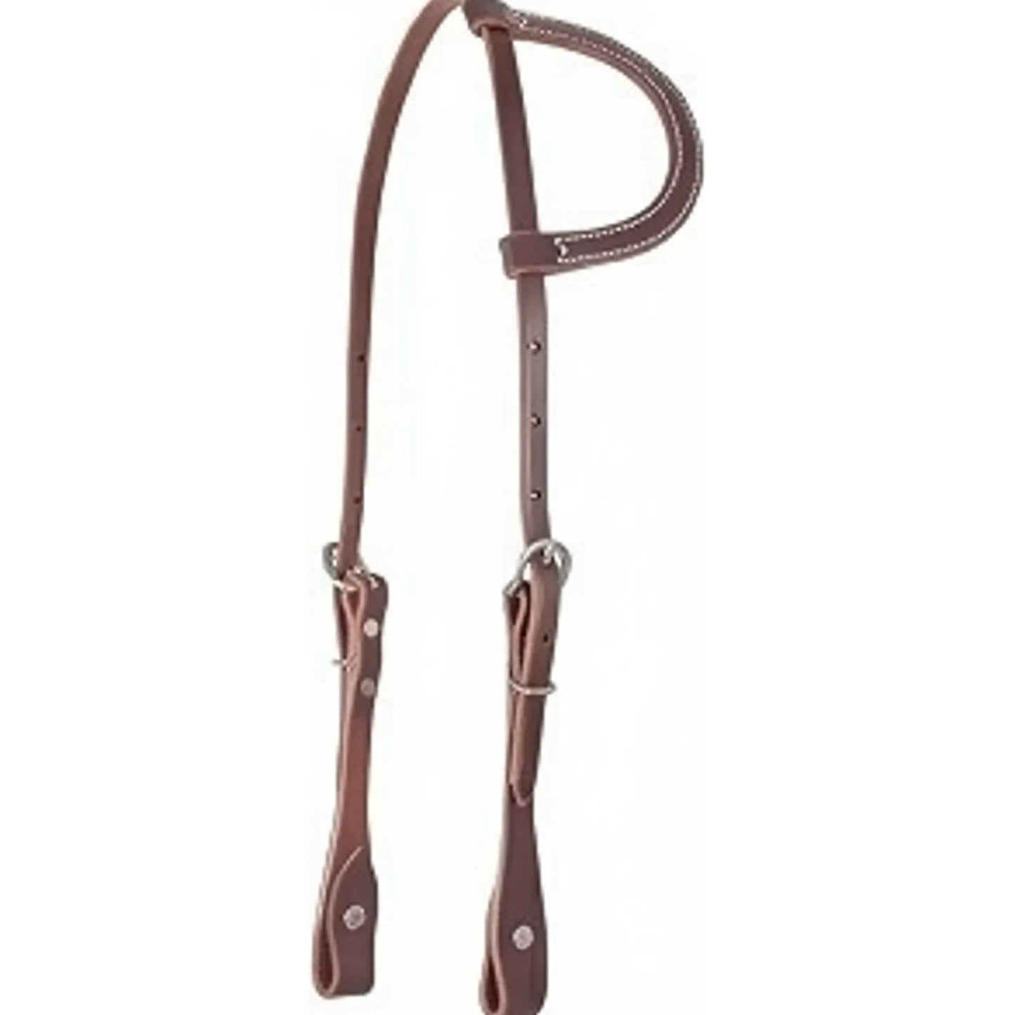 Martin Saddlery Slip Ear Headstall crafted from premium medium brown leather with elegant white decorative stitching on the ear loop. This professional western one-ear bridle features durable stainless steel hardware, adjustable cheek pieces, and secure bit ends. High-quality horse tack perfect for ranch work, western performance, or trail riding, offering a sleek and traditional look for your horse's headgear.