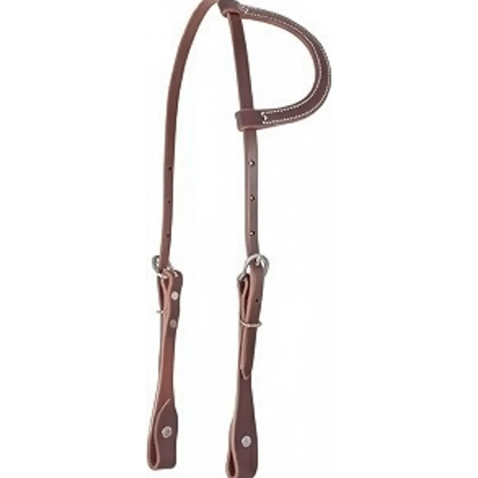 Martin Saddlery Slip Ear Headstall crafted from premium medium brown leather with elegant white decorative stitching on the ear loop. This professional western one-ear bridle features durable stainless steel hardware, adjustable cheek pieces, and secure bit ends. High-quality horse tack perfect for ranch work, western performance, or trail riding, offering a sleek and traditional look for your horse's headgear.