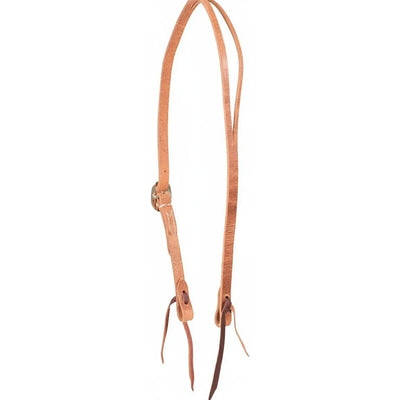Martin Saddlery Split Ear Harness Leather Headstall featuring a natural tan finish and durable harness leather. This Western horse headstall includes classic cart buckles for easy adjustment and traditional tie ends for bit attachment. Ideal for training, ranch work, or trail riding, this high-quality leather tack offers a minimalist, professional look for any Western horse enthusiast.