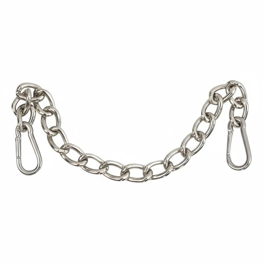 Martin Saddlery heavy-duty stainless steel curb chain strap for western horse bits. This rust-proof silver horse tack features integrated snap clips at both ends for quick and secure attachment. Durable metal chain links provide reliable performance for equestrian riding and horse training equipment.