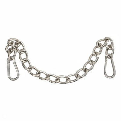 Martin Saddlery heavy-duty stainless steel curb chain strap for western horse bits. This rust-proof silver horse tack features integrated snap clips at both ends for quick and secure attachment. Durable metal chain links provide reliable performance for equestrian riding and horse training equipment.
